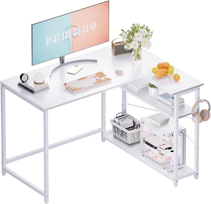 Pamray 43 Inch L Shaped Computer Desk with Reversible Side Storage Shelves, Small Corner Desk for Small Space Home Office,Writing Study Table PC Desk for Bedroom,White