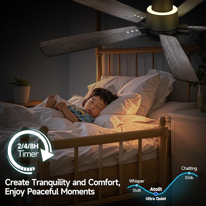 Ceiling Fans with Lights,52 inch,Nightlight,Quiet,Reversible Motor,6 Speeds,Timer, Low Profile Ceiling Fan for Bedroom,Living Room,Indoor/Outdoor Use(Gray)