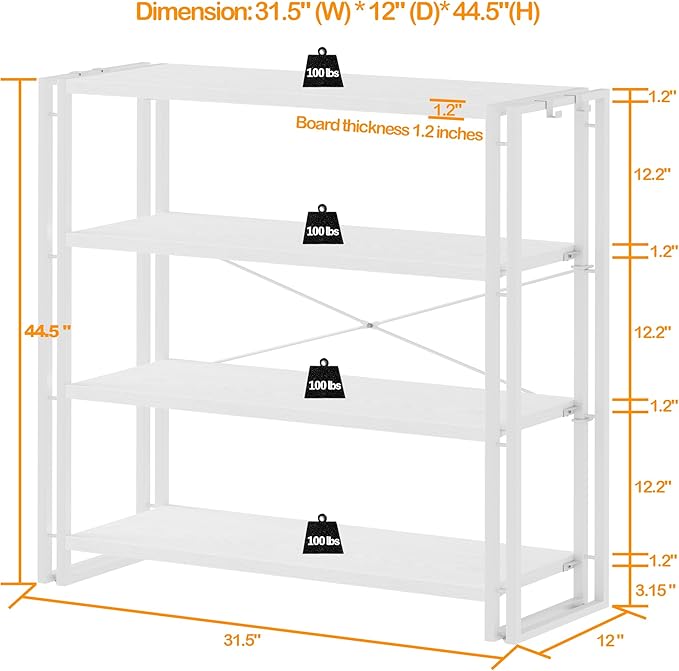 HCHQHS Bookshelf, 4-Tier Industrial Bookcase, White Open Book Shelf, Freestanding Tall Bookshelves with Metal Frame