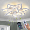 32inch White Flower Modern Ceiling Fans with Lights, Low Profile Ceiling Fan with Remote for Bedroom, Flush Mount Ceiling Fan with LED Dimmable Light,6-Speeds, Timing Ceiling Fan Light