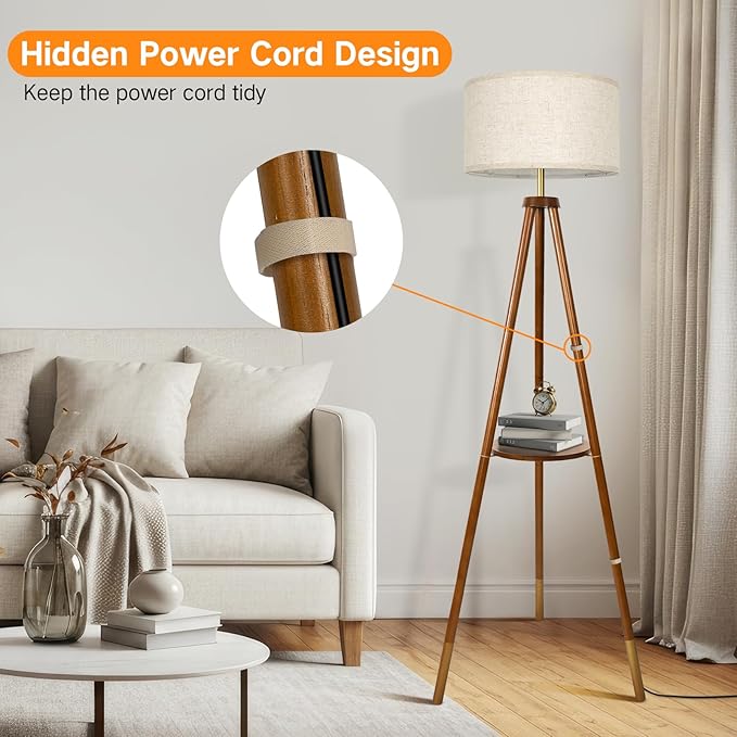 OUTON Wood Tripod Floor Lamp with Shelves, Mid Century Floor Lamp with Remote Control, 4 Color Temperature, LED Modern Dimmable Standing Lamp for Living Room, Bedroom, Office, Walnut & Gold