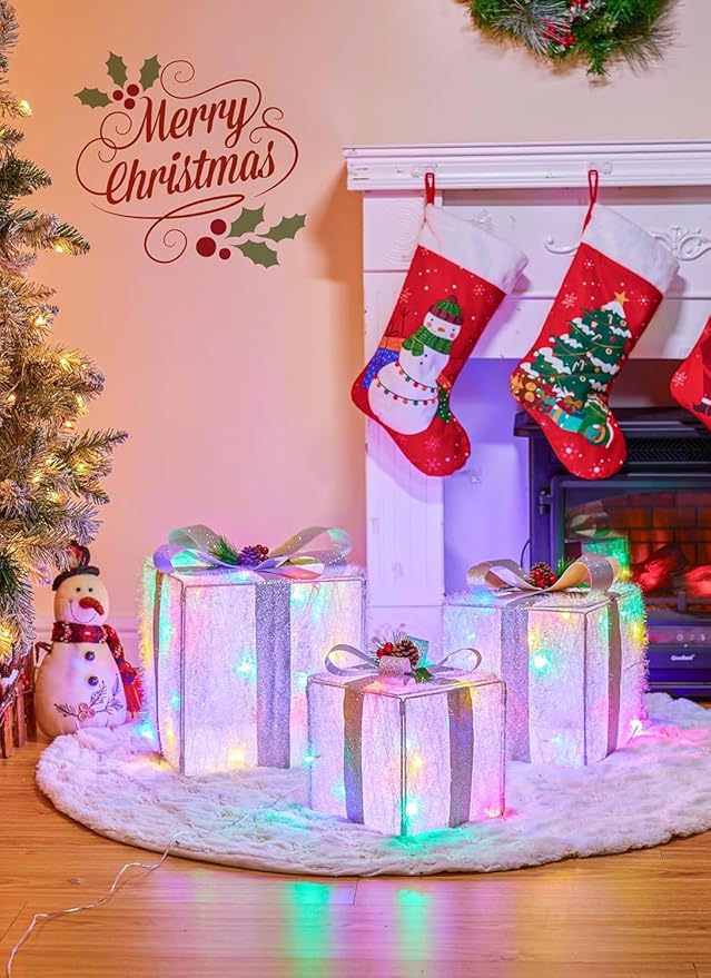 3 Pieces Foldable Christmas Decorations Lighted Gift Boxes, 12" 10" 8" with 60 Pre-Lit Mini String Lights，LED Xmas Gift Boxes with Bows for Tree Indoor Outdoor Holiday Party Yard Home Decor