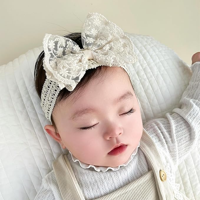 Lace White Bow-knot Baby Girls Headband Birthday Shower Infant Wrap Elastic Flower Baby Turban Hairband for Newborn Infant Toddler Kids (Ivory A, Elastic)