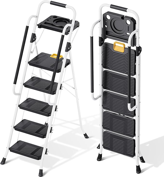 KINGRACK Folding 5-Step Ladder, 800 lbs Capacity Step Stool with Safety Lock, Tool Tray, Non-Skid Wide Steps, Handrail, Household Folding Ladder for Home, Garden, Painting, Outdoor, and Garage, White