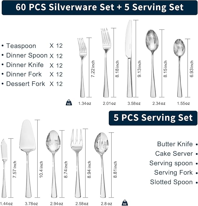 KINGSTONE Silverware Set for 12, 65-Piece Forged 18/10 Stainless Steel Flatware Set, Mirror Finish Cutlery Set Dishwasher Safe for Home, Restaurant, Wedding, Party