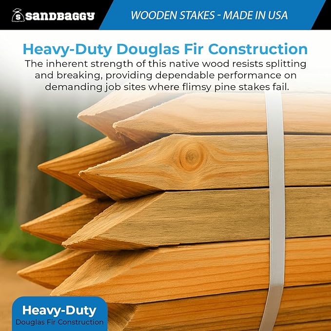Sandbaggy 12" Wooden Grading Stakes - Heavy Duty Stakes for Construction, Gardening, Surveying, Concrete Forms - Chisel Point, Douglas Fir Wood - Made in The USA (100)