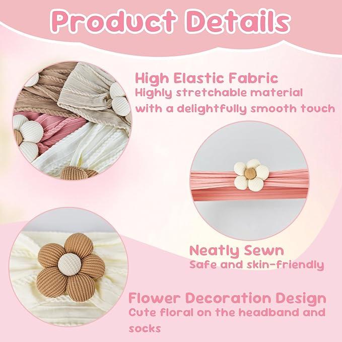 Nirvany Baby Girl Headbands and Socks Set, Non-Slip Socks with Flower Hairbands, Comfortable Newborn Infant Toddler Accessories (Pink/Cream Yellow, 6-12 months)