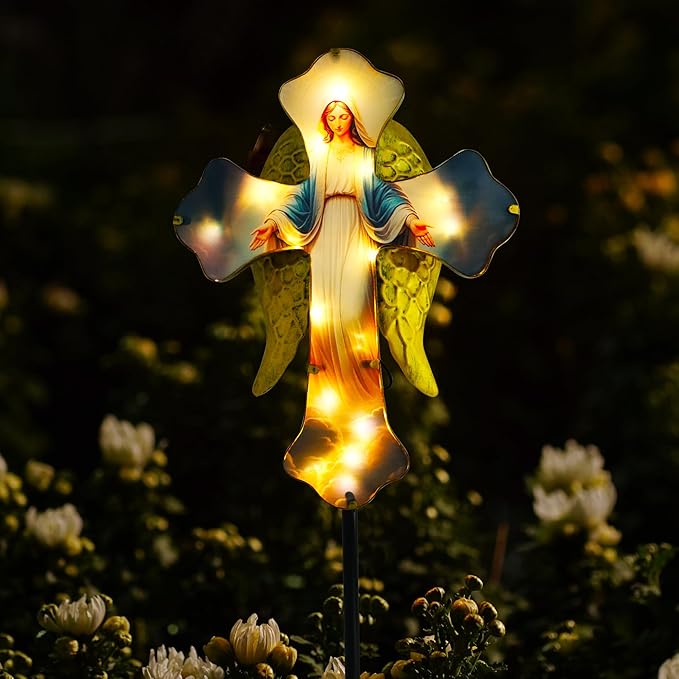 Solar Virgin Mary Cross Garden Lamp for Grave - Angel Wing Memorial Decoration, Waterproof Solar Stake Lamp for Easter, Courtyard, Yard - Sympathetic Gift for Loved Ones. Elegant Cross