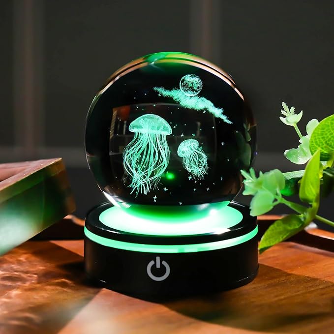 YWHL 3D Crystal Ball Moon Jellyfish Figurine with Colorful LED Base Laser Jellyfish Gifts for Women Men on Christmas Birthday Glass Jellyfish Statue Decorative Ball Night Light for Home Decor (80mm)
