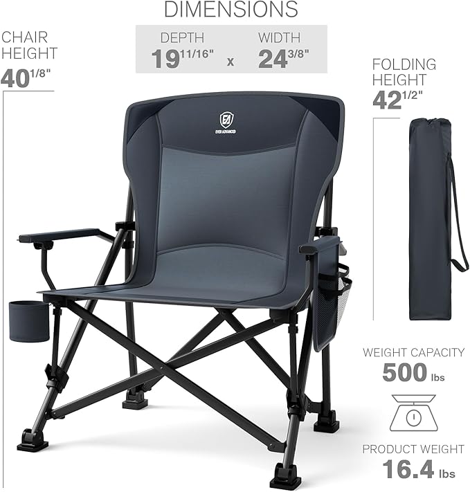 EVER ADVANCED Oversized Folding Camping Chair, for Adults Heavy Duty Lawn Chair with Side Pockets, Portable Collapsible Quad Chair for Outside, Support Up to 500lbs, Grey