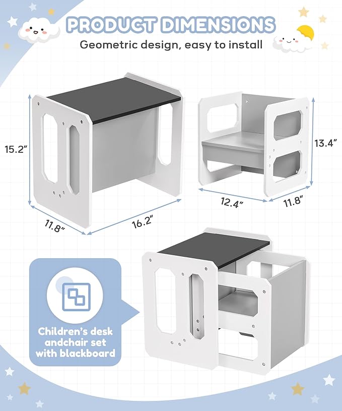 Kids Table and Chair Set, 3-in-1 Wooden Children's Furniture with Blackboard, Water Resistant, Easy to Clean,Toddler Weaning Table for Bedroom, Playroom, Living Room (Grey and Black)