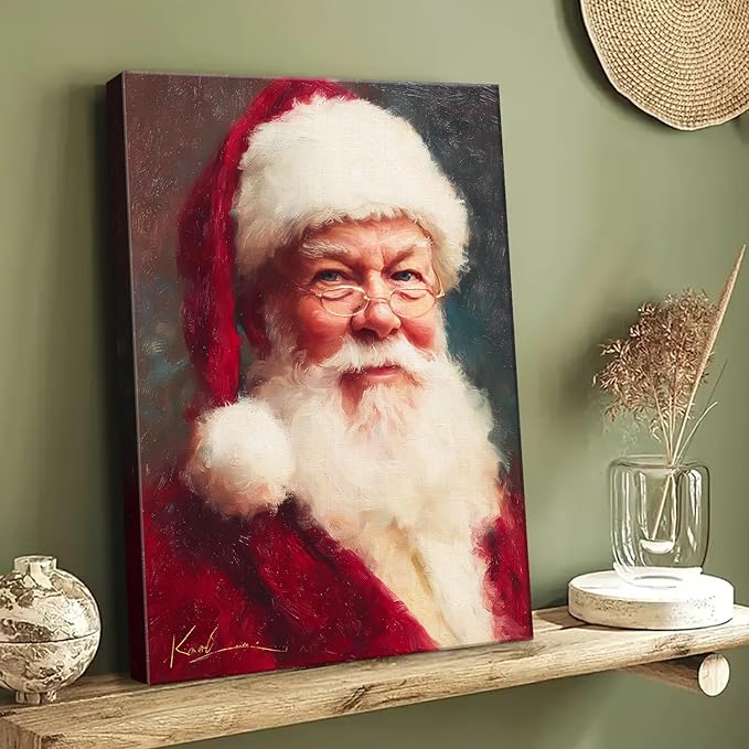 Vintage Santa Claus with Red Hat Portrait Christmas Canvas Wall Art - Victorian Style Framed Canvas Prints for Living Room & Bedroom, Classic Christmas Wall Decor, Christmas Gifts & Winter Decor