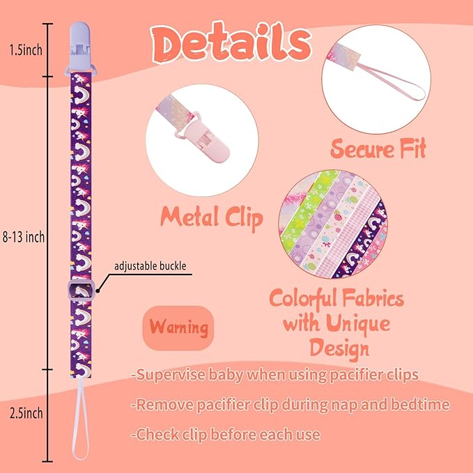 12 Pack Pacifier Clips with Adjustable Strap (32-46.5cm) - Premium Polyester Baby Pacifier Holder Set, Multi-Design Clips for Boys Girls （Multi Color A）