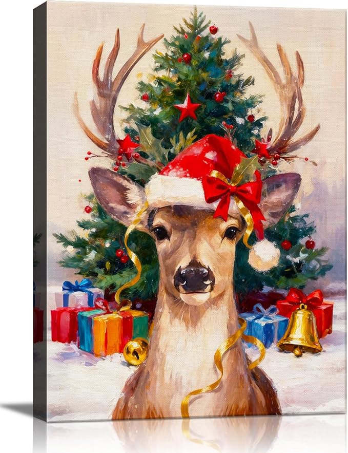 Vintage Reindeer Christmas Canvas Wall Art - Rustic Winter Deer in Snow Forest Framed Print, Cozy Christmas Wall Decor for Living Room, Unique Christmas Gifts & Festive Decorations