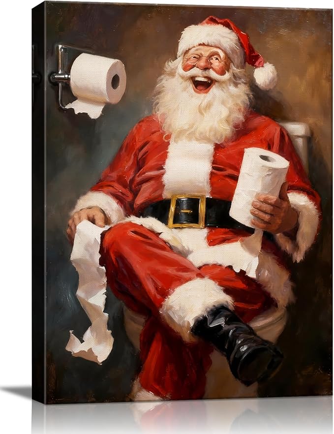 Comical Santa Claus Christmas Canvas Wall Art - Humorous Office & Bathroom Framed Print Ready to Hang, Playful Christmas Gifts for Family, Whimsical Winter Decor & Entertaining Christmas Decorations