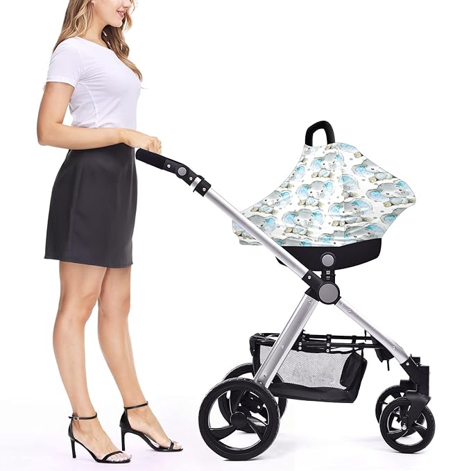 FCZ Baby Car Seat & Stroller Covers - Elephant Jungle Nursing Cover - Breathable Cotton - White/Blue - Not Water Resistant