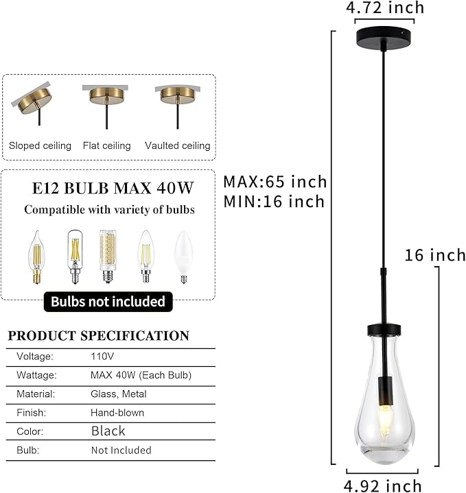 Black Raindrop Pendant Lights, Teardrop Pendant Light, Black Kitchen Island Pendant Lighting, 1-Light Interior Pendant Light in The Kitchen Island Living Room Bedroom Bathroom, Dining Room,Hallway