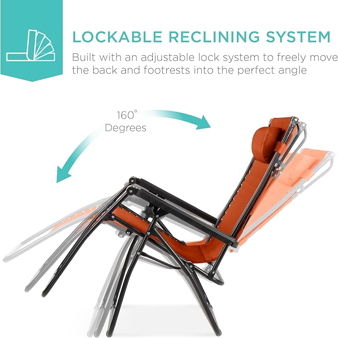 Best Choice Products Folding Zero Gravity Outdoor Recliner Patio Lounge Chair w/Adjustable Canopy Shade, Headrest, Side Accessory Tray, Textilene Mesh - Burnt Orange