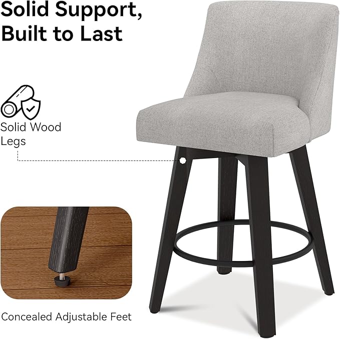Counter Height Swivel Bar Stools Set of 4, 26 Inch Bar Stools with Footrest, Linen Fabric Upholstered Barstools with Back and Solid Wood Legs for Kitchen Island, Dining Room,Pub,Light Grey