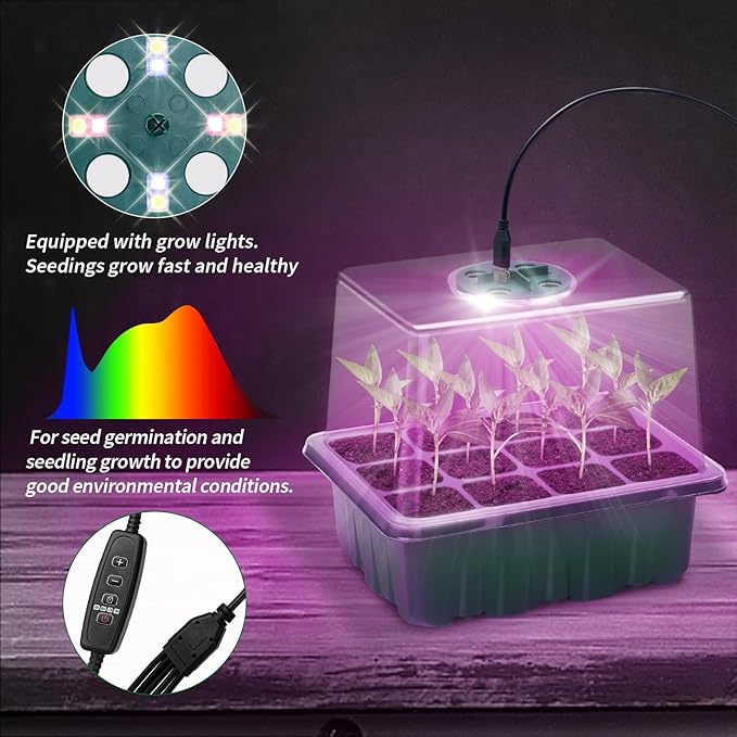 Seed Starter Tray, 2 Pcs Plant Propagation Station with Grow Light,Seedling Starter Trays with Timing Controller,Mini Greenhouse Kit with Humidity Domes and Base,Plant Tray for Seeds Growing Starting