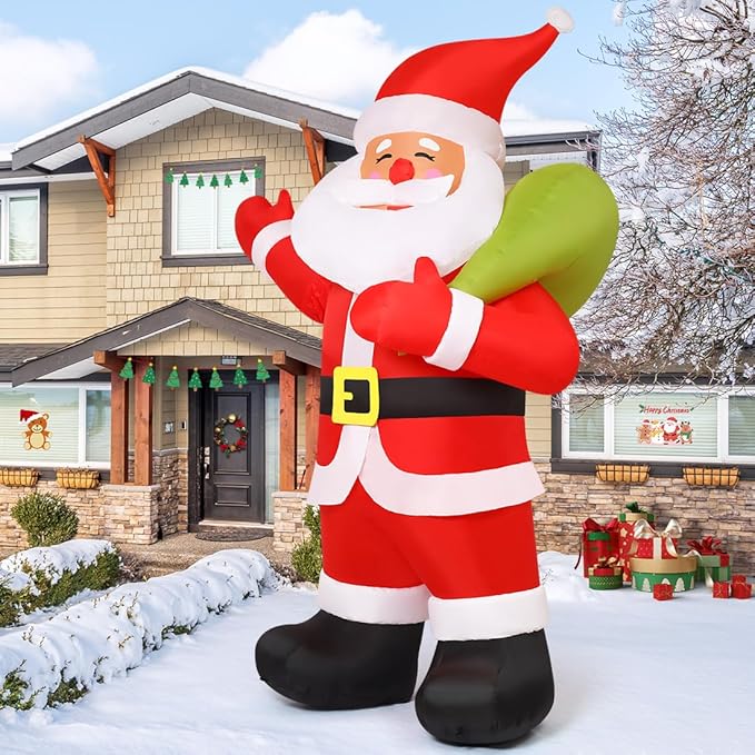 COMIN 9 FT Animated Christmas Decorations Santa Inflatables, Outdoor Christmas Santa Claus Carry Gift Bag&Shaking Hand Blow Up Yard Built-in LEDs for Indoor Xmas Party Garden Lawn Decor