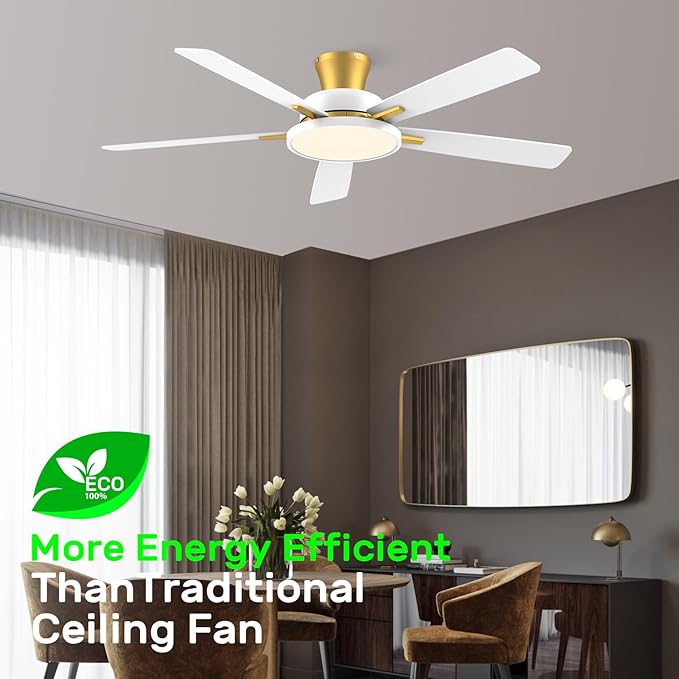 TALOYA 52 inch Ceiling Fans with Lights and Remote,Ultra Silent low profile Ceiling Fan with Three Color Temperature and Dimmable Light with Reversible Blades White Gold
