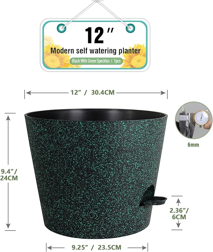 12 inch Large Self Watering Pots for Indoor Outdoor Plants, Flower Plant Pots with Mesh Drainage Holes for Garden, Plastic Planters with Reservoir for Home Plants, Black with Green Speckles