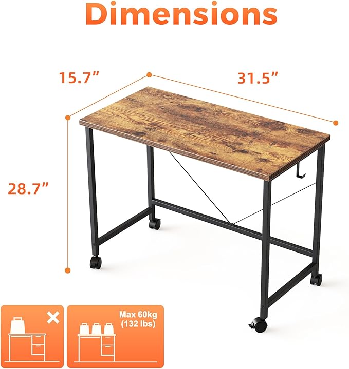 Rolling Computer Desk with Wheels, Gaming Desk for Small Spaces, Modern Simple Style Table for Home Office, Study Writing Table (Caster, Rustic Brown, 32 inch)