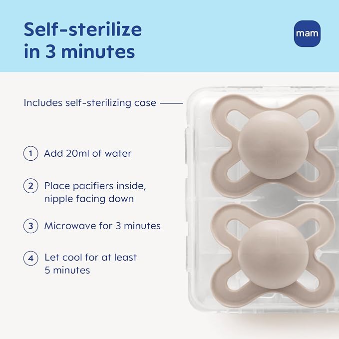 MAM Original Start Baby Pacifiers 0-3 Months, BPA-Free Skin Soft Silicone Nipple, Glows in The Dark, Developed with Medical Experts Specially for Smaller Newborn Mouths, 2 Pk with Sterilizer Case