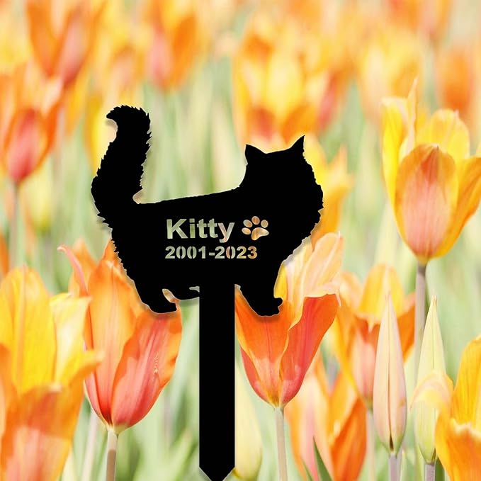 Custom Fluffy Cat Memorial Stake Sign - Metal Long Hair Grave Marker - Personalized Garden Decor - Pet in Heaven Remembrance Yard Stake - Sympathy Gift