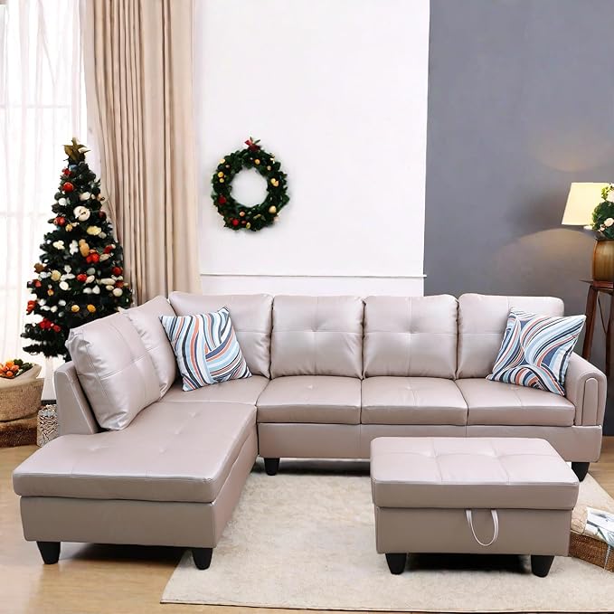 L Shaped Sectional Couch with Otttoman, 97" Leather Sectional Sofa for Living Room Modular Couches with Cup Holders for Bedroom, Apartments, Latte