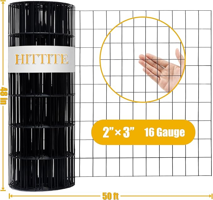 Black PVC Coated Welded Wire Fencing, 48in High x 50ft Long, 2 inch x 3 inch 16GA 2/3/4/5/6 Ft Tall Welded Wire Fence Rolls, Black Metal Garden Fence Wire Roll Garden Fencing for Yard