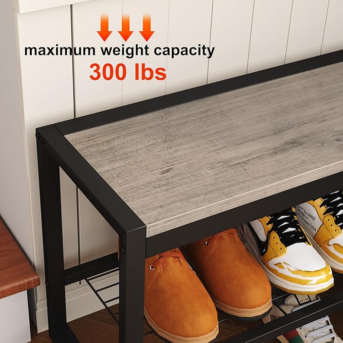 HOMEFORT 2 Tiers Shoe Bench, Retro Industrial Shoe Storage Bench with Mesh Shelf and Sturdy Metal Frame, Metal Shoe Rack Bench for Hallway, Mudroom, Living Room, Washed Gray