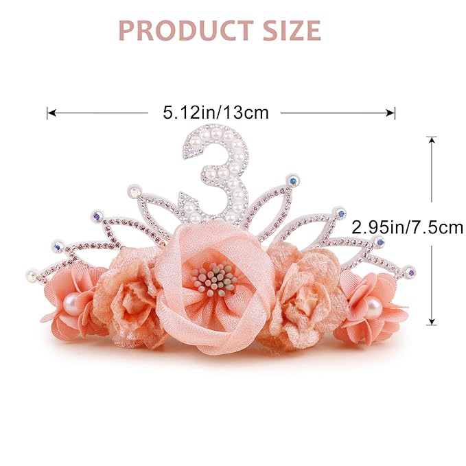 cherrboll Baby Girl Birthday Crown Floral Headband, Soft Flower Head Wrap Tiara Hairband for 1-3 Years Old Toddlers Kids 3rd Birthday Party Dress Photo Decoration