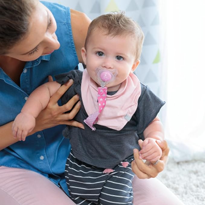 Chicco Two-in-One Pacifier Clip with Loop and Ring Attachments | Loop for Teethers and Small Toys | Ring Included for Knob-Style Pacifiers | Secure Clasp is Gentle on Clothing | Pink (Pack of 2)