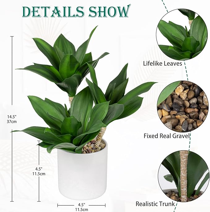 Hollyone Large Artificial Agave Plants Fake Three-Head Agave Succulent Plant Potted 15" Faux Plant in White Pot Succulent Aloe Plant Indoor for Desk Modern Home Decor