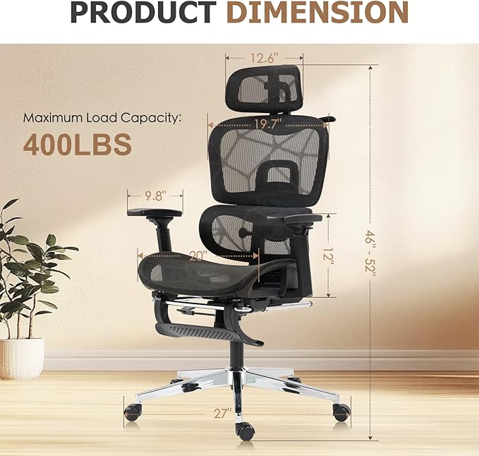 Ergonomic Mesh Office & Gaming Chair with Footrest, High Back Home Office Desk Chair, Comfortable Lumbar Support, 130° Tilt, Adjustable 3D Armrest & 2D Headrest (Black)