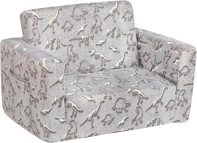 ALIMORDEN 2-in-1 Flip Out Cuddly Sherpa Toddler Couch, Convertible Sofa to Lounger, Glow in The Dark,Dinosaurs