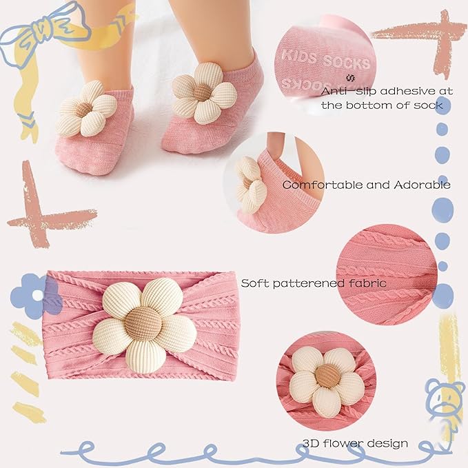 WillingTee Baby Girl Headband and Socks, Non-Slip Floral Socks and Soft Floral Nylon Hairbands for Babies Infants and Toddlers