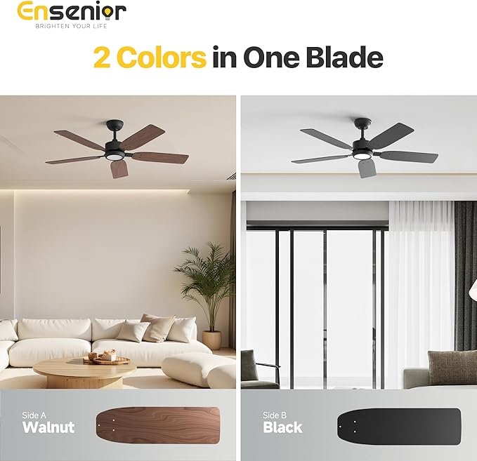 Ensenior 52 inch ceiling fan with light and remote, Noiseless Reversible DC Motor Fandelier Ceiling Fan, 6 Speeds, 3CCT, Black Modern Ceiling Fan for Bedroom and Living Room, 5 Dual-Finish Blades