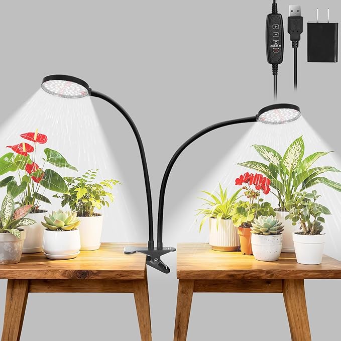 Grow Lights for Indoor Plants Full Spectrum, Clip On Plant Light with Timer 4/8/12/18H, Adjustable Gooseneck, 5 Dimming Levels, LED Grow Lamp for Houseplants