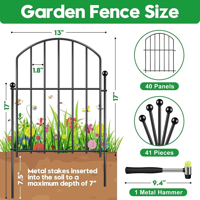 Decorative Garden Fence 17in (H) x40ft (L), Arched Rustproof Metal No Dig Fence for Dogs & Rabbit, Ornamental Animal Barrier for Flower Beds, Border Panels Fencing for Yard & Patio Outdoor Decor