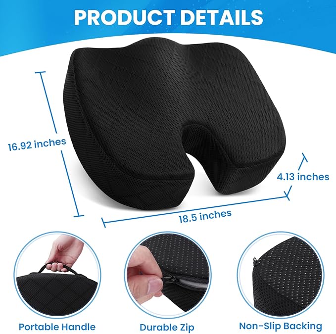 TushGuard Seat Cushion - Cushion for Office Chair, Car Seat, Airplane, Bleacher - Sciatica & Coccyx Pain Relief Desk Chair Cushion for Long Sitting Office Workers, Car Drivers(Black, XX-Large)