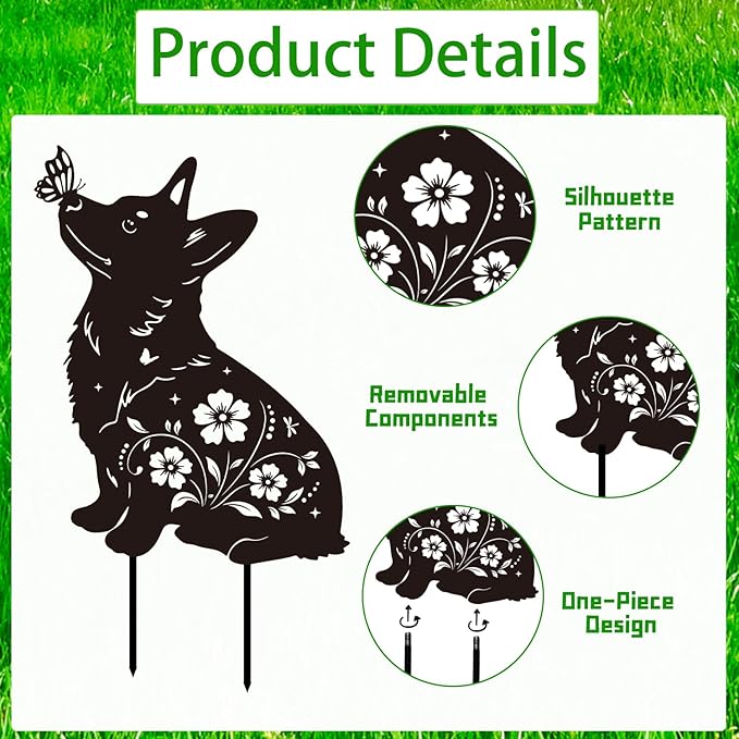 Corgi Metal Garden Stakes Yard Decor, 2PCS Black Corgi Dog Silhouette Statues Garden Decorative Gifts for Yard Art, Patio, Outside, Lawn Ornaments, Dachshund Outdoor, Yard Art