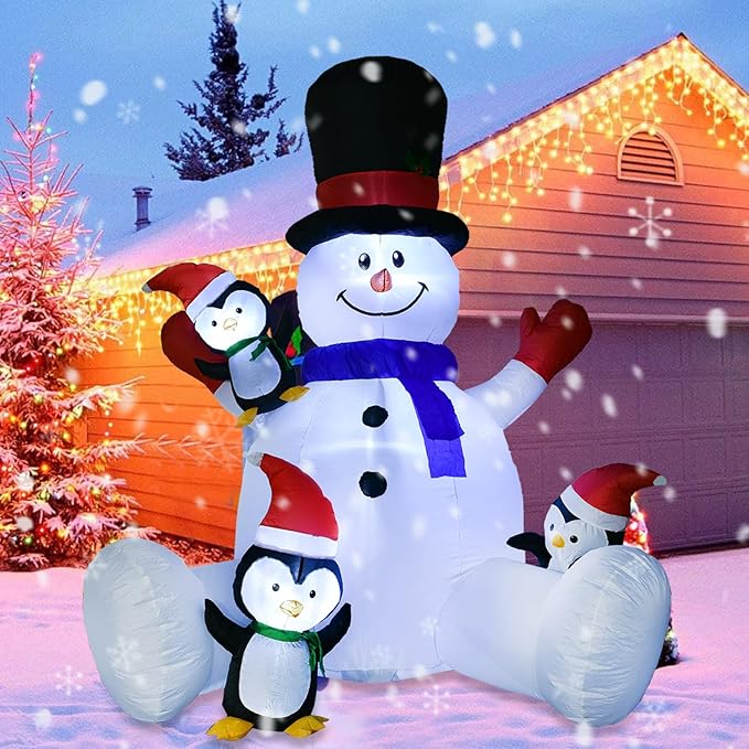 7Ft Lighted Christmas Inflatable Snowman with Three Cute Penguins Build-in LED Lights, Holiday Blow up Outdoor Yard Decoration