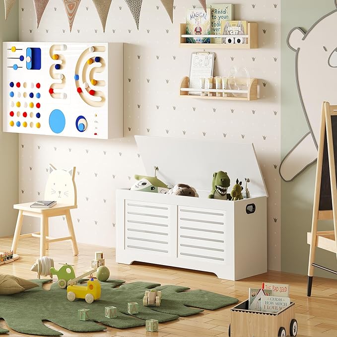 DINZI LVJ Storage Chest, Flip-top Wooden Toy Box Organizer with 2 Safety Hinges, Entryway Shoe Bench, Good Ventilation, Storage Bench for Living Room, Bedroom, Easy Assembly, White