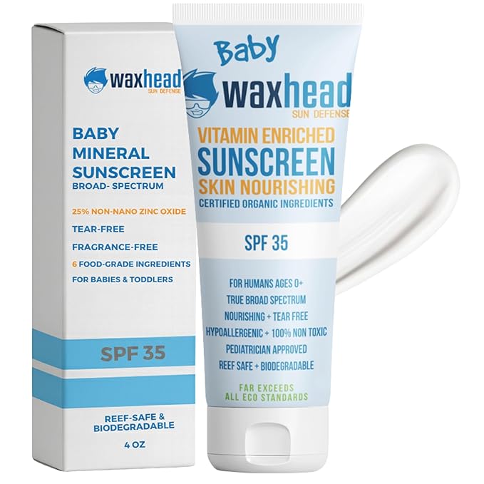 Waxhead Baby Sunscreen SPF 35, 25% Non-Nano Zinc Oxide Mineral Sunscreen for Babies, Infants & Toddlers, Kids Sunblock Face and Body Lotion, Tear-Free, Reef-Safe (4 oz)