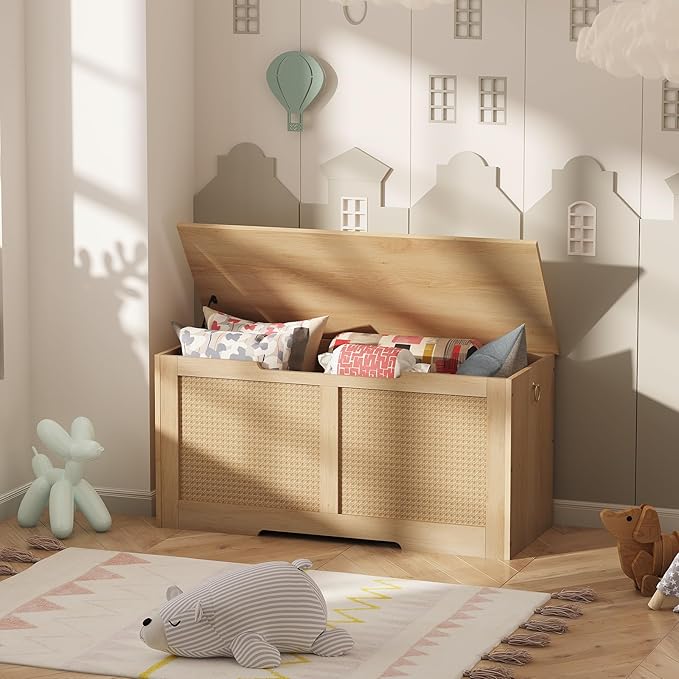 HOOBRO Storage Bench, 39.3" Toy Box, Rattan-Like Storage Chest, Sturdy Entryway Bench Supports 220 lb, Toy Chest, Safety Hinge, U-Shaped Opening, Easy Assembly, Natural NL11CW01