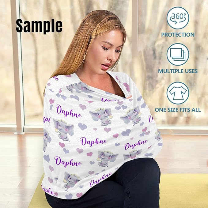 Personalized Cute Elephant Pink Baby Car Seat Covers with Name, Custom Nursing Cover Breastfeeding for Babies, Carseat Canopy for Girls, Infant Stroller Cover, Breathable Carseats Cover