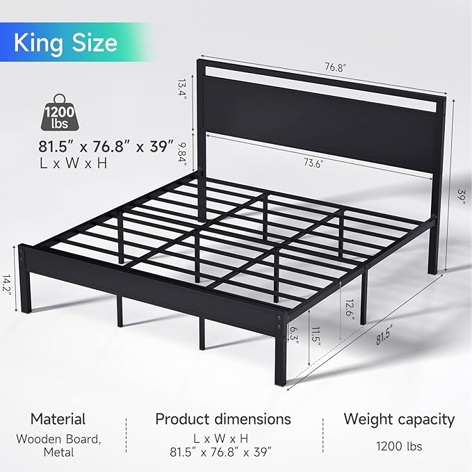 Z-hom Upgraded King Size Bed Frame, Heavy Duty Metal Sturdy King Bed Frame with Modern Wood Headboard & Footboard, Stable Platform Bed Furniture Bed Storage, No Noise, No Box Springs, Black
